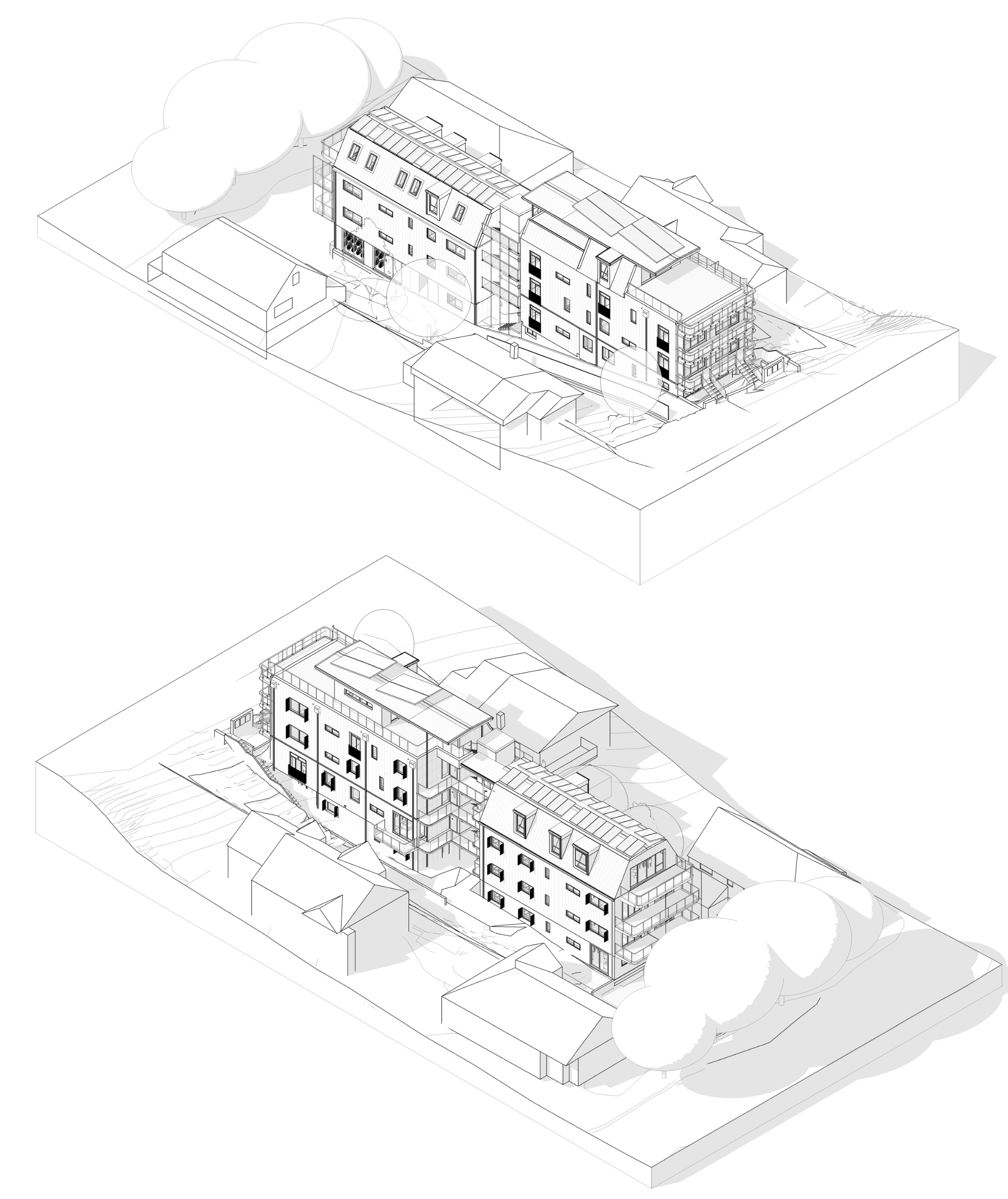 Axonometric drawing of the site from 180º angles.