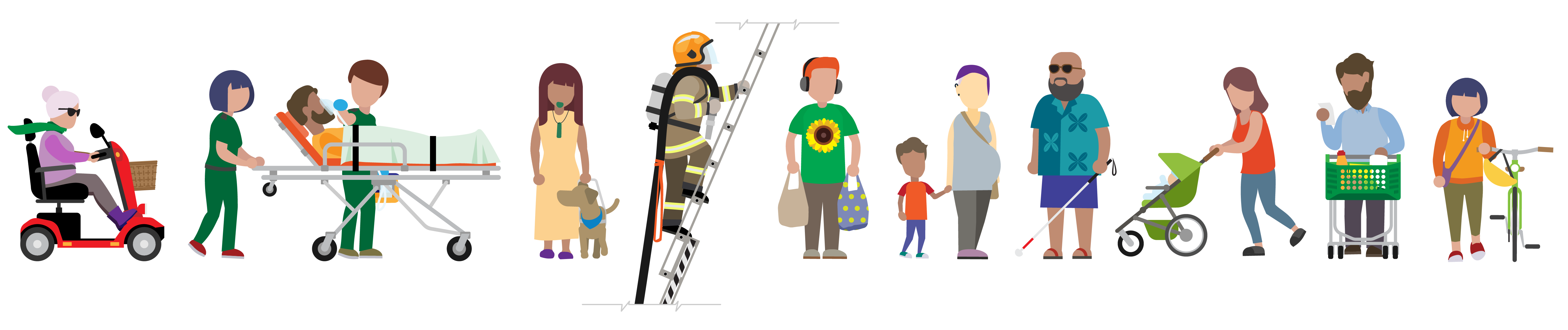 More of our universal design personas are here to give you a warm welcome; a lady zooming on her motorised scooter, two paramedics with a patient on a gurney, a person with a service dog, a fireman climbing a ladder, a neurodivergent person carrying grocery bags, a mother and small child, a man with a cane, a mum pushing a mountain buggey, a man pushing a shopping cart, a person pushing a bicycle.