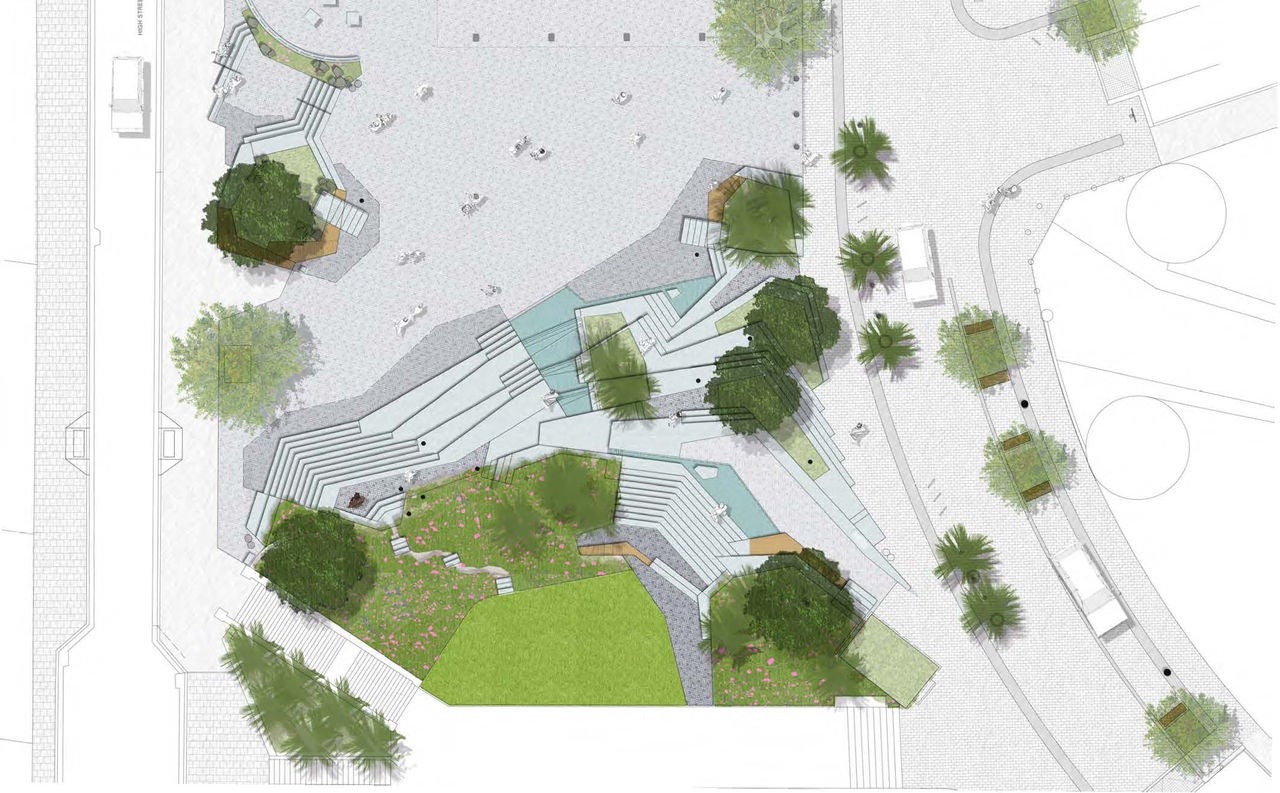 A diagram of the water feature from top down