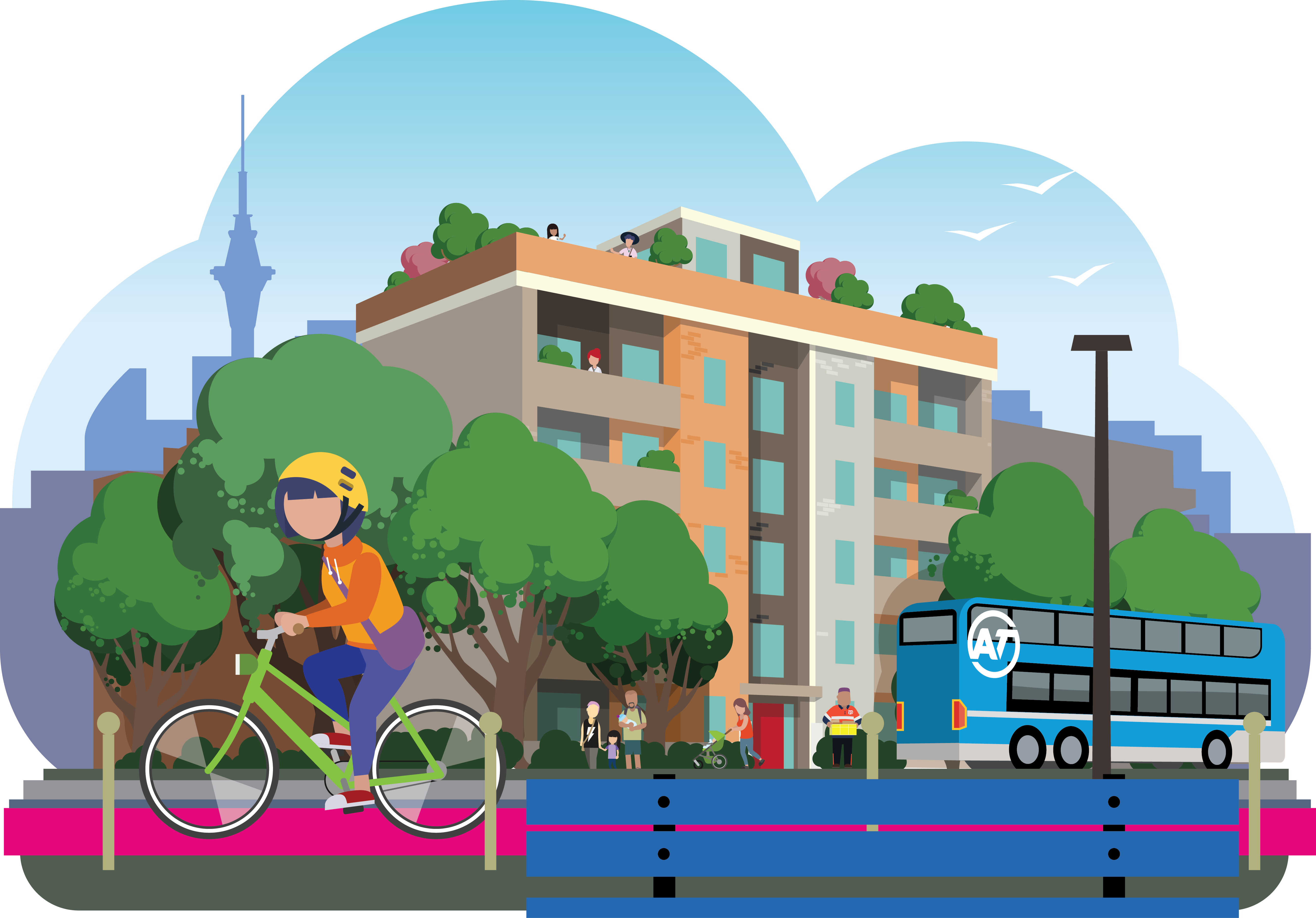 A young woman cycles on a pink cycle path past a park bench, in the background are people walking on the footpath, with an Auckland transport bus stopped at a bus stop. Behind this are big, green trees, framing a six storey apartment block. The Auckland skyline is in the background framed by blue skies as seagulls soar overhead.