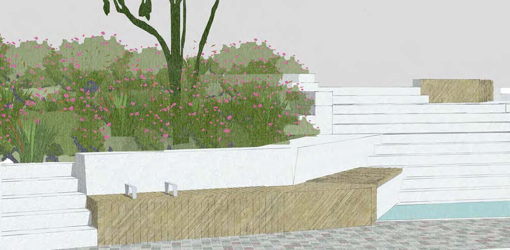 Material study of the wooden bench on the upper path integrating with the steps and water feature. A concept sketch of the steps and terraced seating