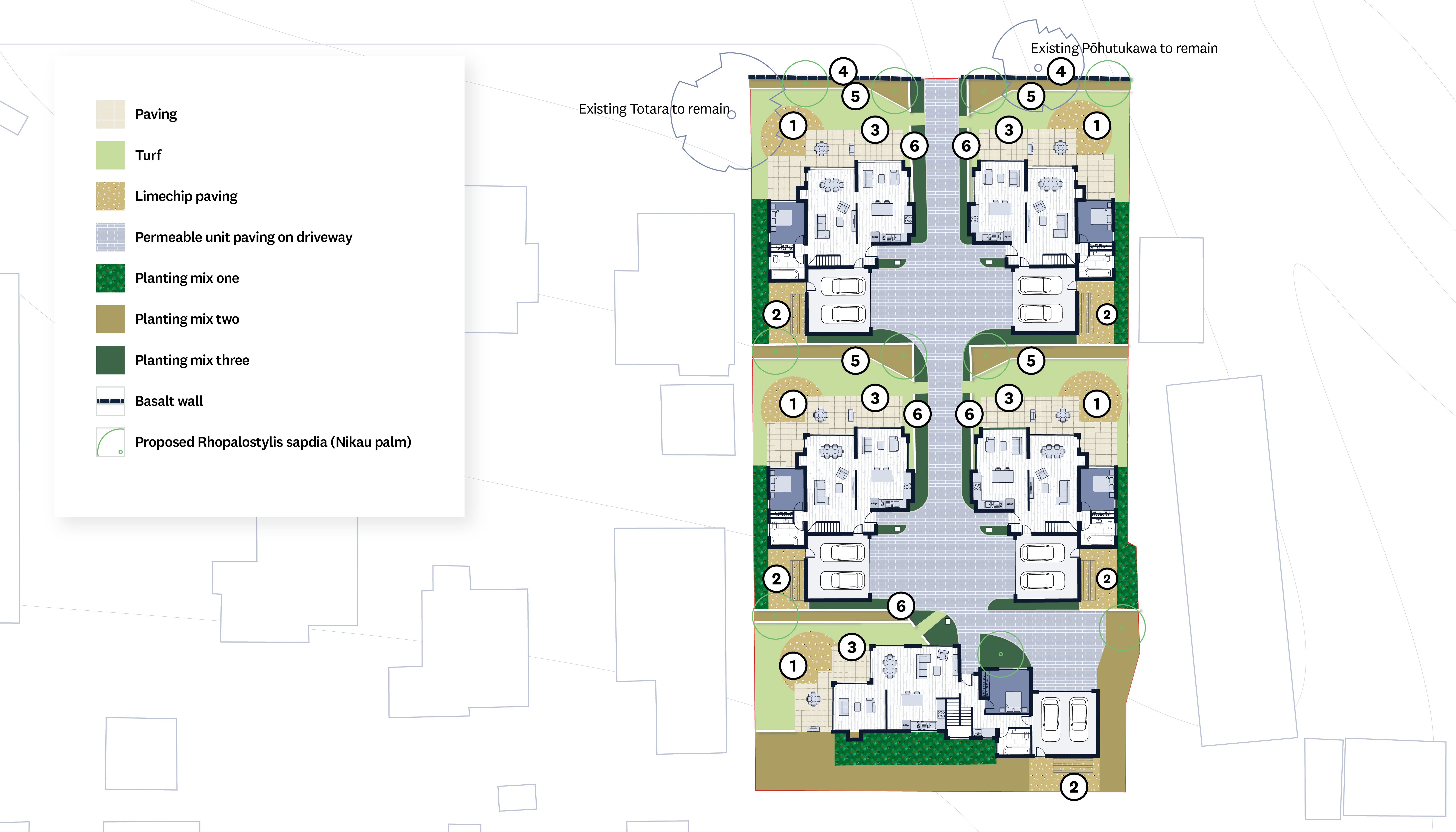 Demonstrate how the design considers the spatial relationship between built and natural elements to create a high level of amenity for public and private spaces.
