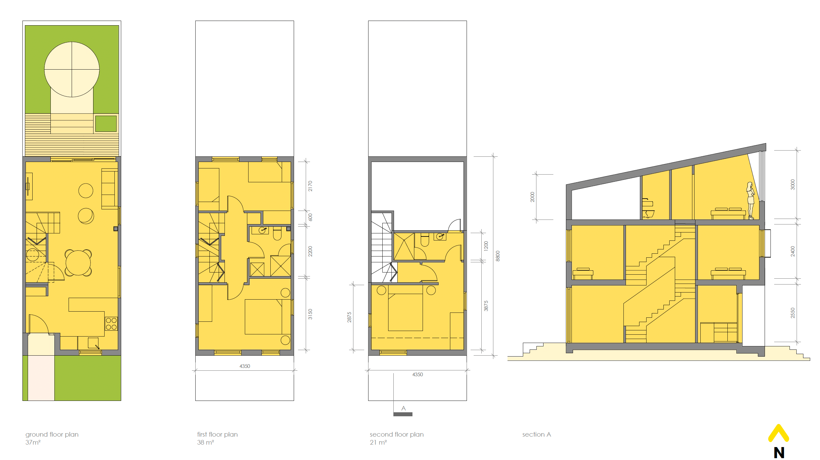 Diagrams of floor plans and elevations of a single townhouse. 