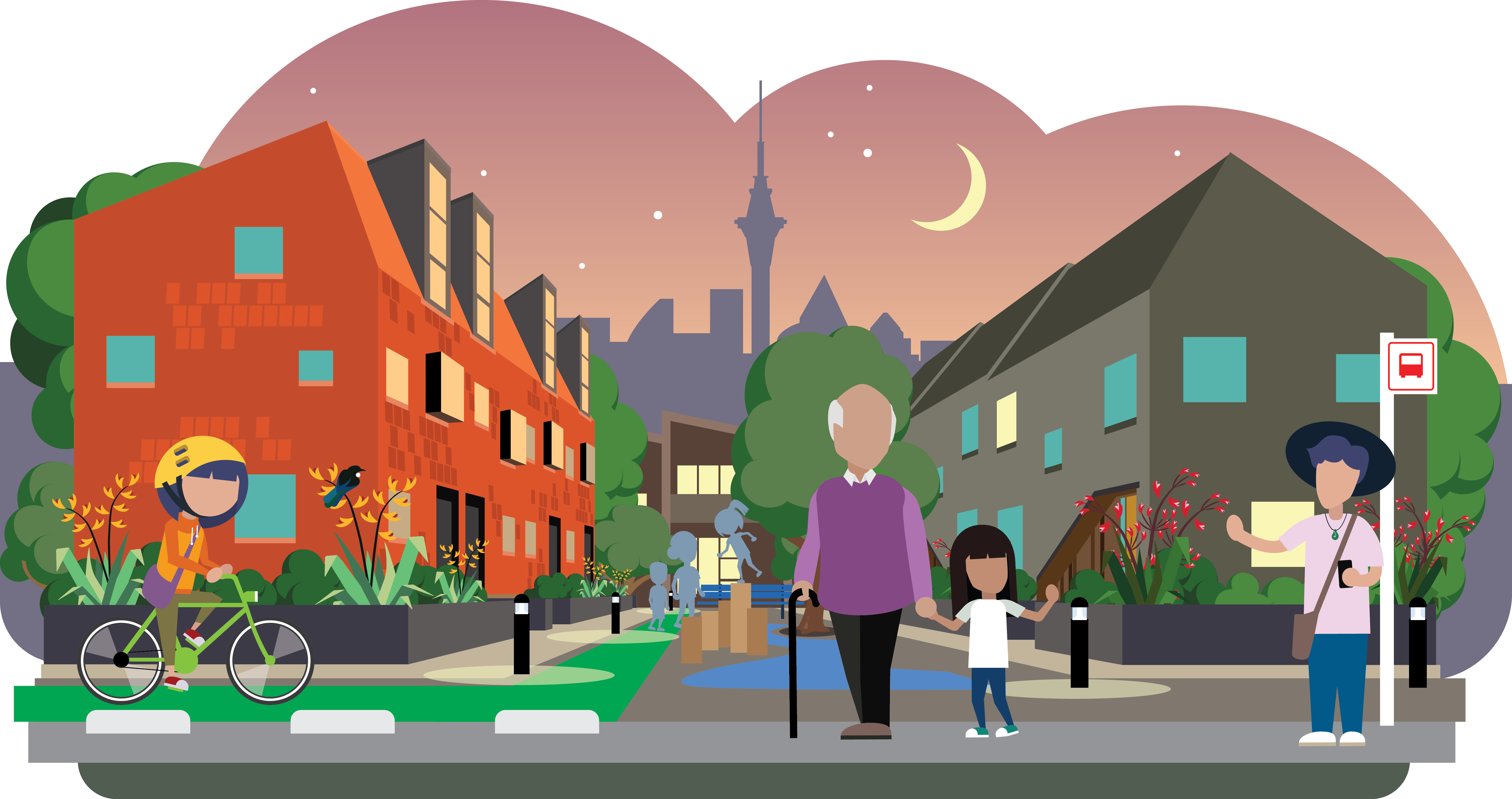 An elderly man with a cane holds his grand daughter's hand as she greets a friend standing at the bus stop. Behind them is a shared spaces with a play area, flanked by terraced homes and trees. The Auckland skyline is in the background as a crescent moon rises.