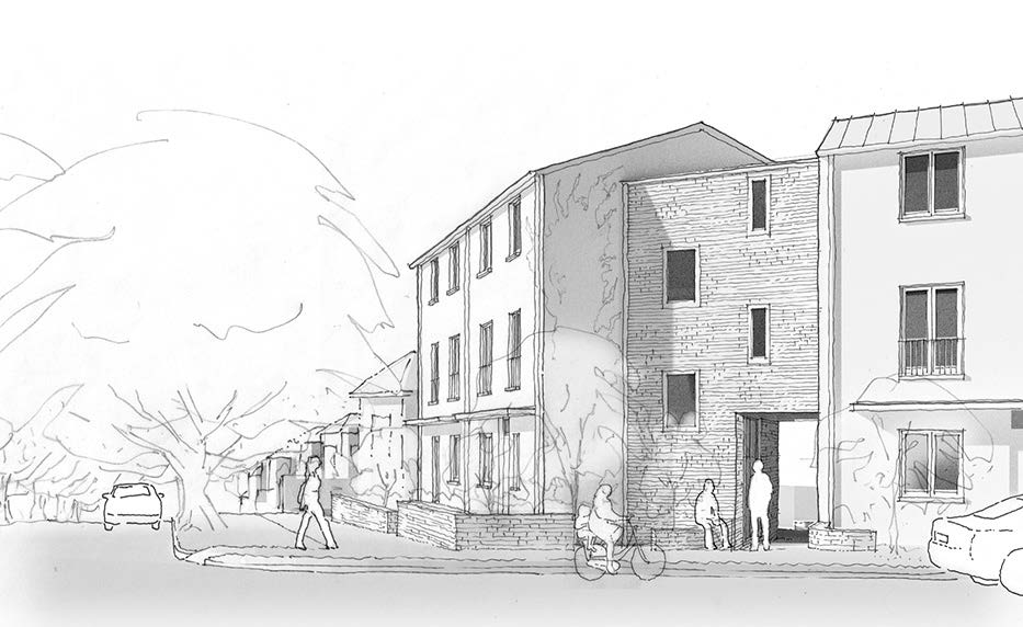 A hand drawing of the street scape in front of the building. There are people milling about, with a person riding past on bicycle.