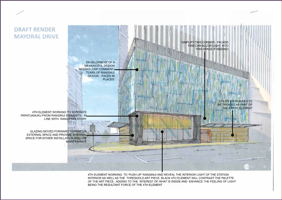 Panel feedback on an early draft render of the station on Mayoral drive. 