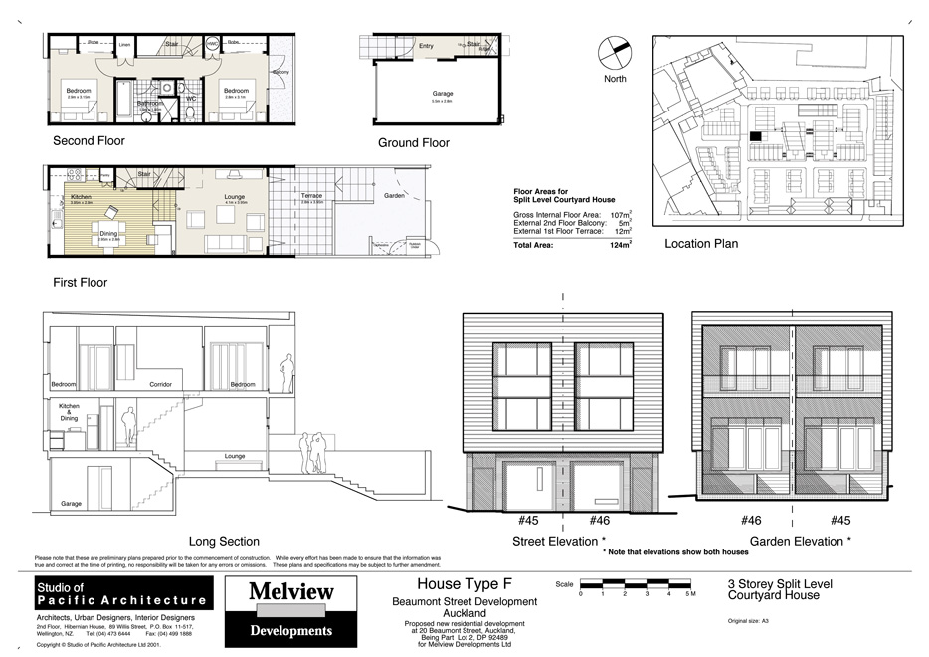 Typical floor plans of a three-storey split level courtyard house, site plan on top right, building elevations on the bottom right.