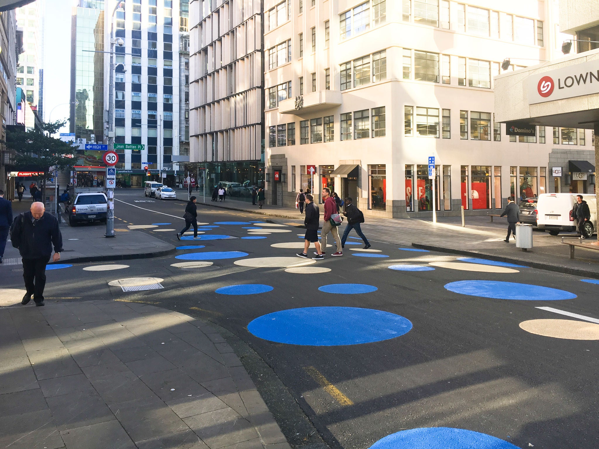 Shortland St, blue and beige polka dots 