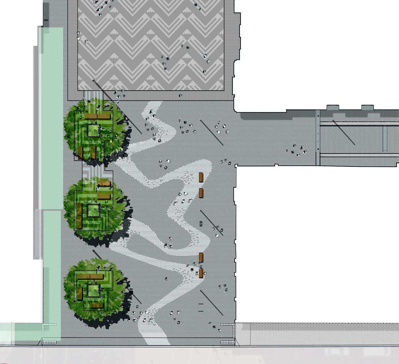 An overhead diagram of motifs in the paving of a winding stream