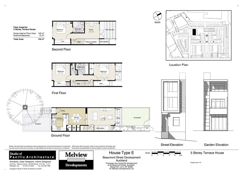 Typical floor plans of a three-storey terrace house, site plan on top right, building elevations on the bottom right.