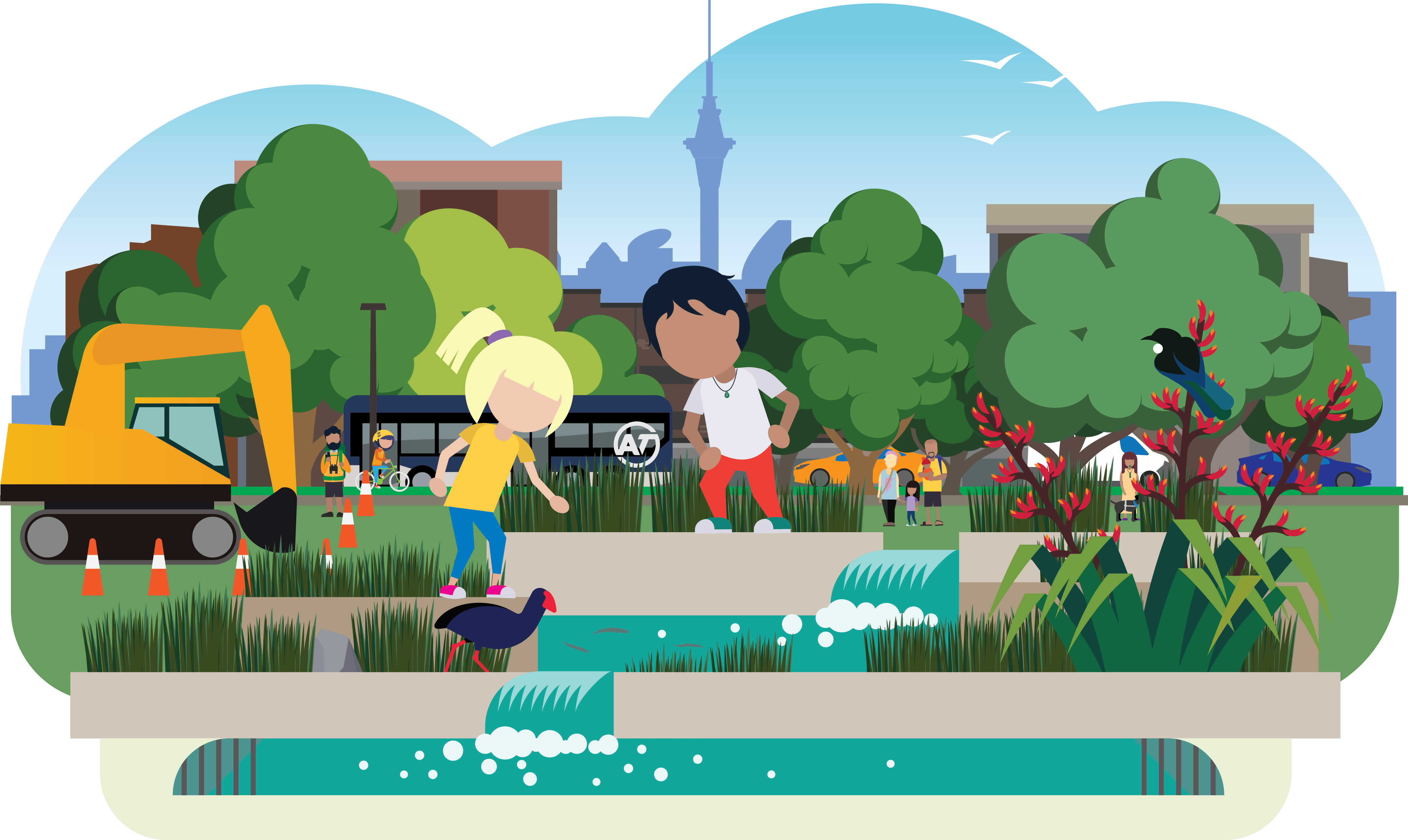 Two children and a pukeko watch some fish in a water feature. the water feature is actually a piece of infrastructure designed to control flooding in their neighbourhood. In the back ground is a parked digger surrounded by road cones for safety, and trees with the Auckland skyline are in the background.
