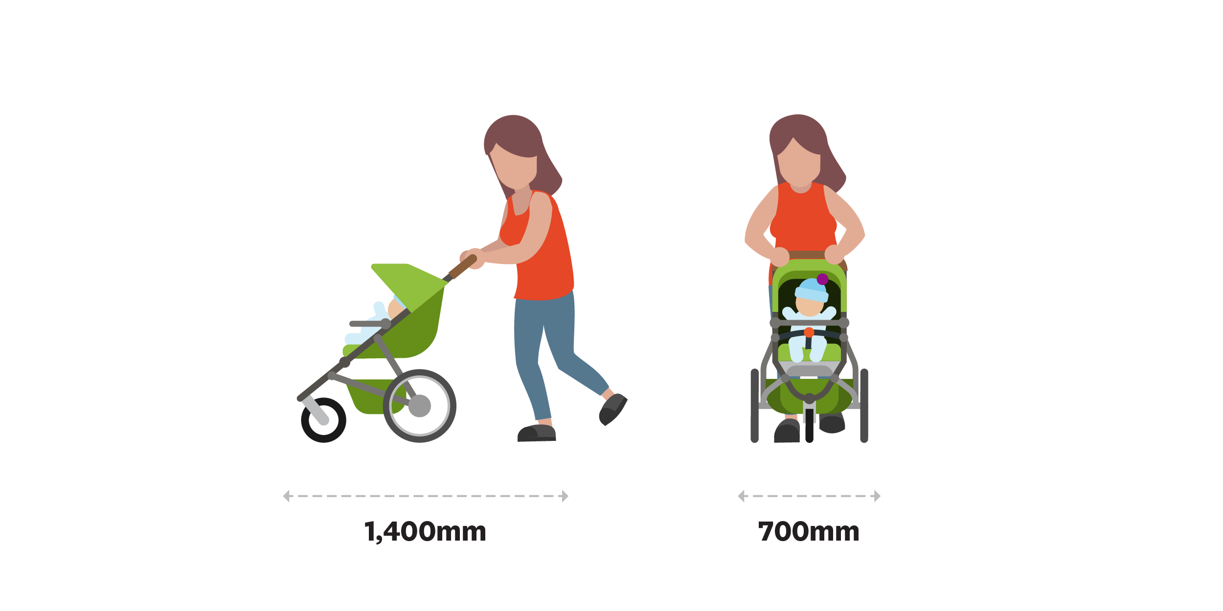 A mum is pushing her buggy and baby while running through the park. The baby is enjoying the run.