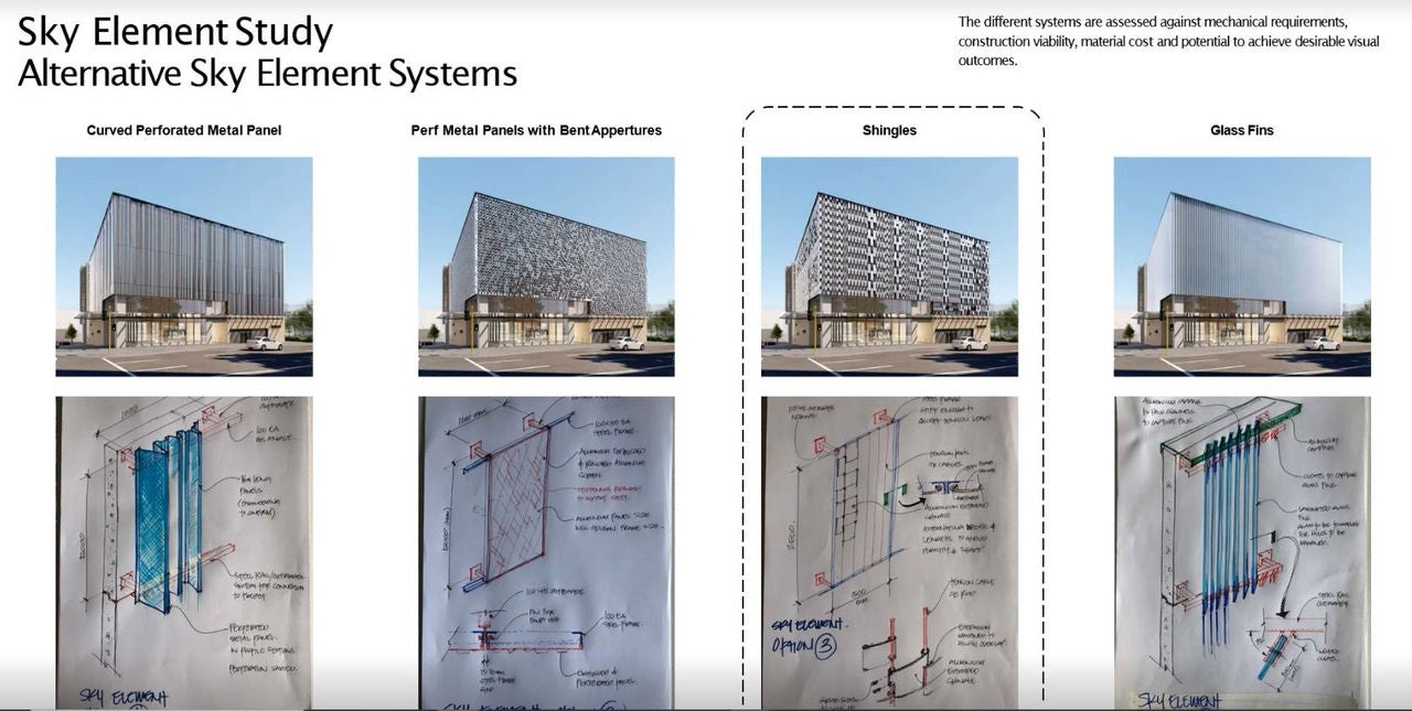 A collage showing the design process at resulted in the shingle sky element on the CRL stations. 