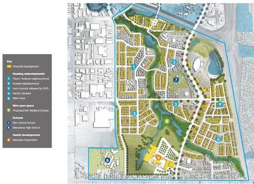 Subdivisions, large or small need to consider logical connections to the places that residents need to access. Image source: Panuku Development Auckland – plan for Wiri Manukau Framework Plan.