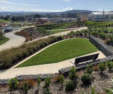 Character is provided in this subdivision by respecting and working with the site’s existing topography. Character is further enhanced by sensitive hard and soft landscaping. Image credit: Greenwood Associates Landscape Architects.