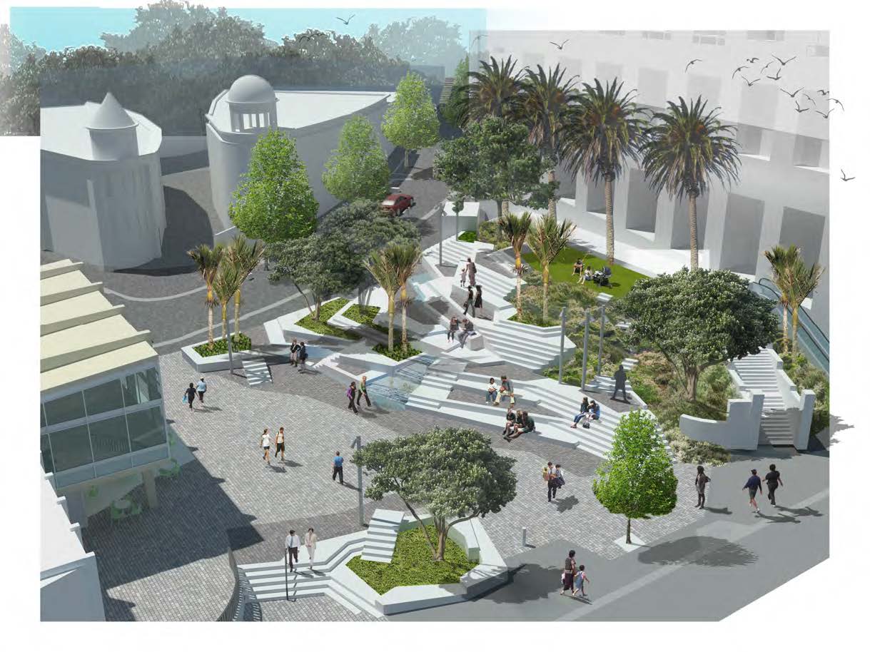 A diagram of an aerial perspective view of freyberg square and melville hall with four phoenix palms reinstated