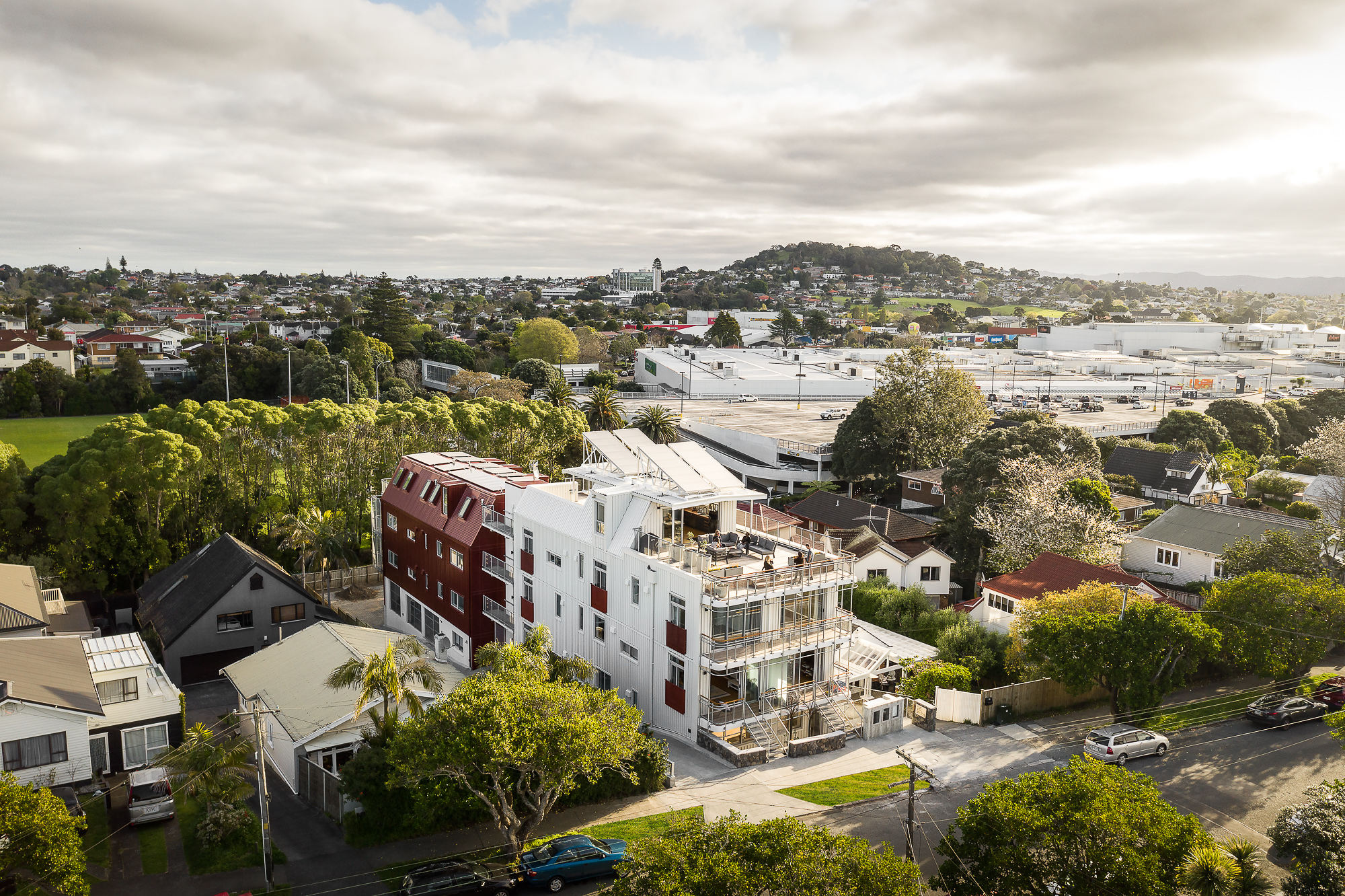 Looking down onto 26 Aroha from the sky with Mt Albert maunga in the background.