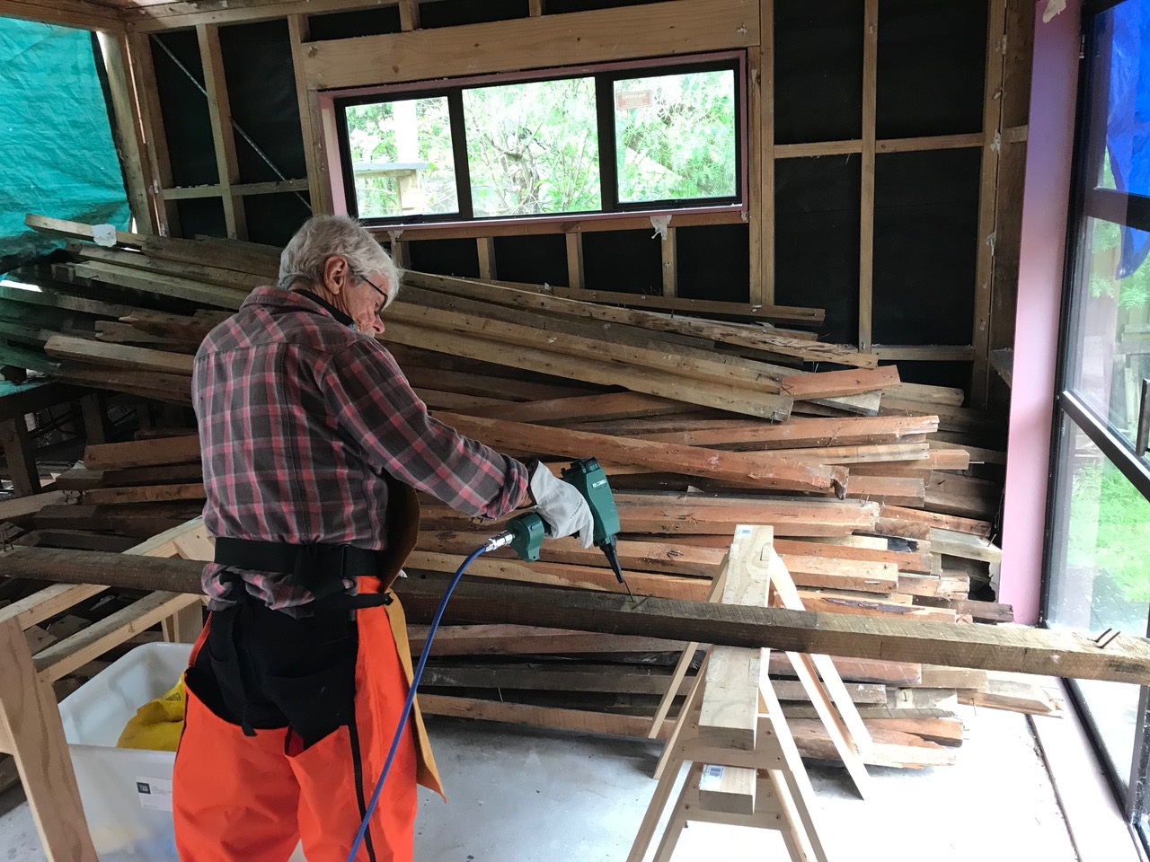 A tradie using a pneumatic tool to remove nails from the rimu boards. The beam is resting on trestles.