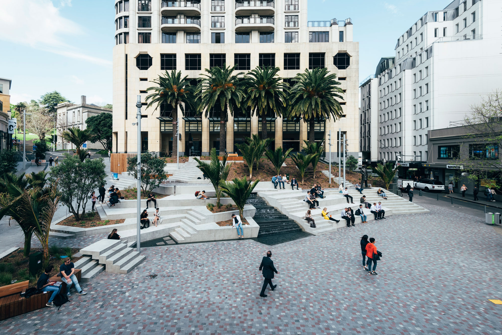 Freyberg Square looking at the fountain from Ellen Melville