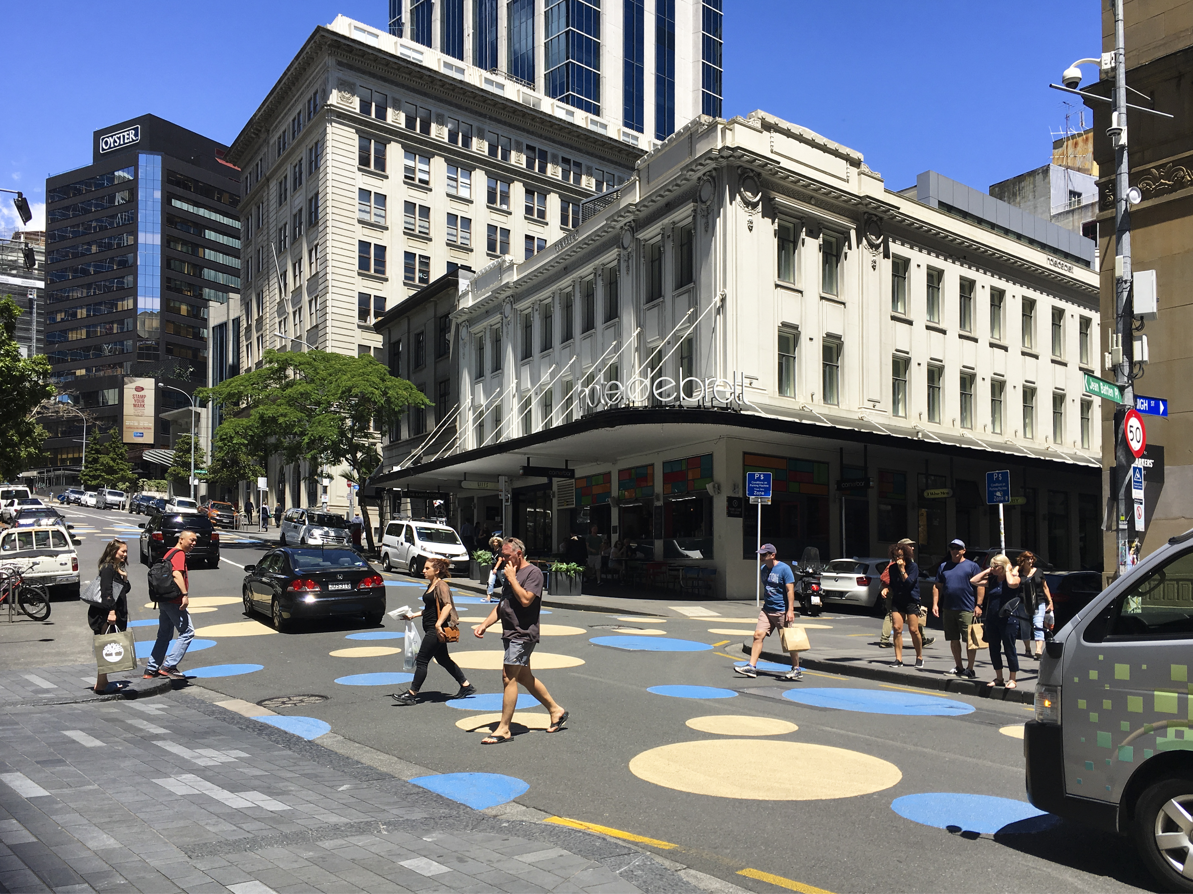 Shortland Street polka dots with lunchtime foot traffic crossing the road