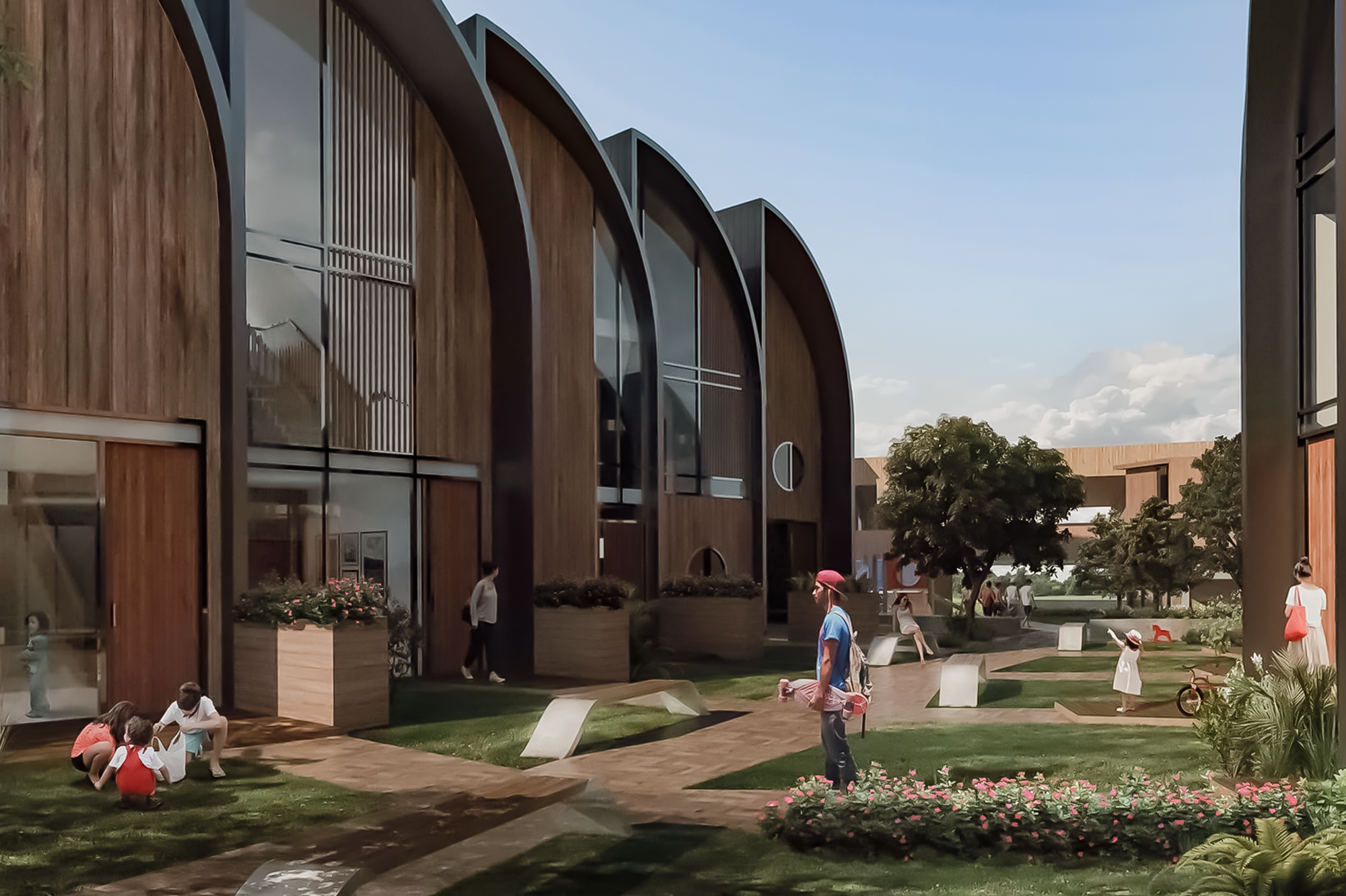 Rendered medium density housing development. Three storey attached dwellings with curved roof form are fronted by a central communal area with seating and landscaping.